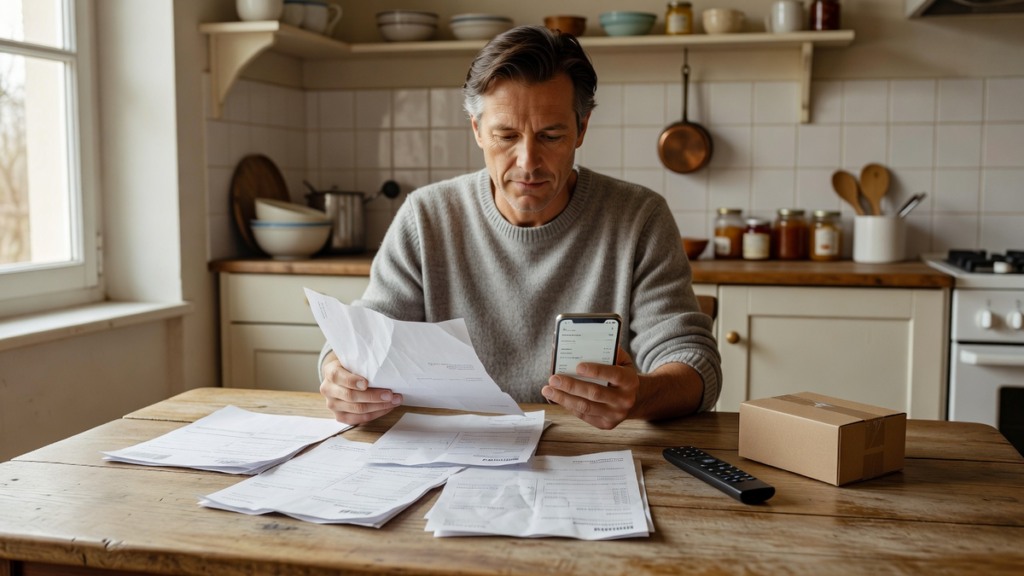 Relevé bancaire et cartes d'abonnement près d'un calendrier de prélèvements