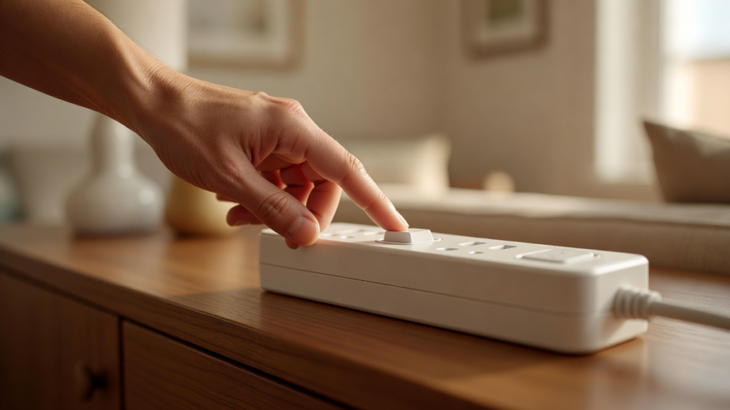 Main actionnant l’interrupteur d’une multiprise pour couper la veille des appareils