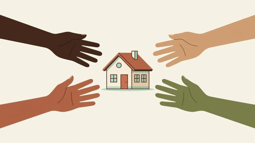 Illustration d'une maison entourée de quatre mains personnifiant la rédaction collective.