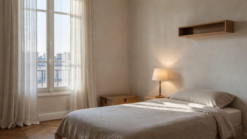 Chambre lumineuse avec un lit simple, une lampe allumée en lumière chaude et une boîte de rangement fermée