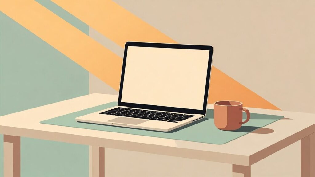 Illustration stylisée d'un bureau calme en fin de journée de rédaction.
