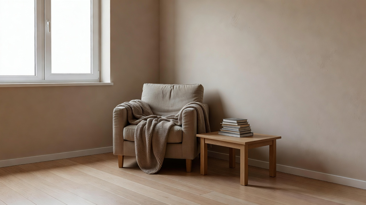 Fauteuil près d'une fenêtre lumineuse formant un coin de lecture simple, avec une pile de livres sur une petite table