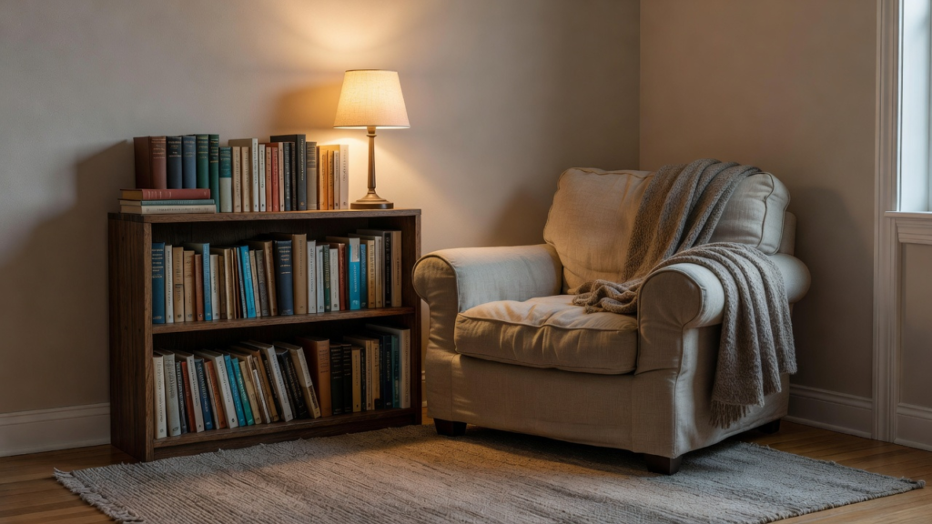 Coin lecture dans un petit appartement avec fauteuil, bibliothèque basse et lampe de lecture allumée