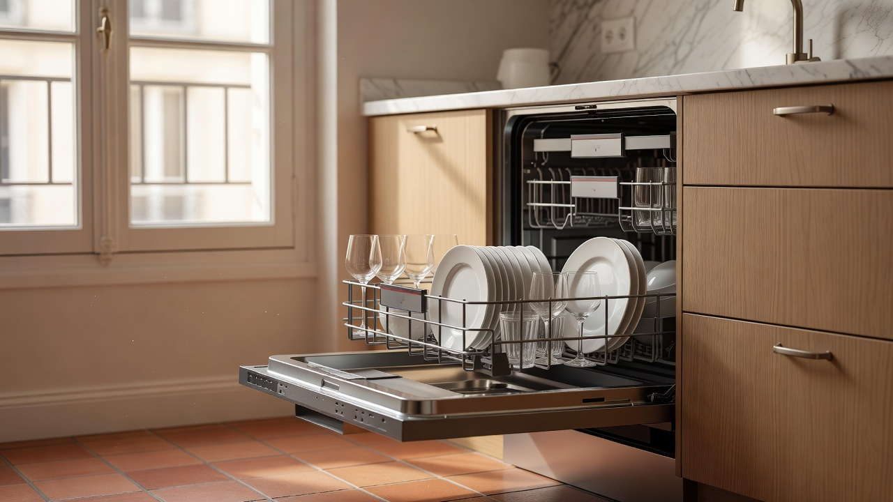 Lave-vaisselle ouvert dans une cuisine, vaisselle propre et robinet visibles