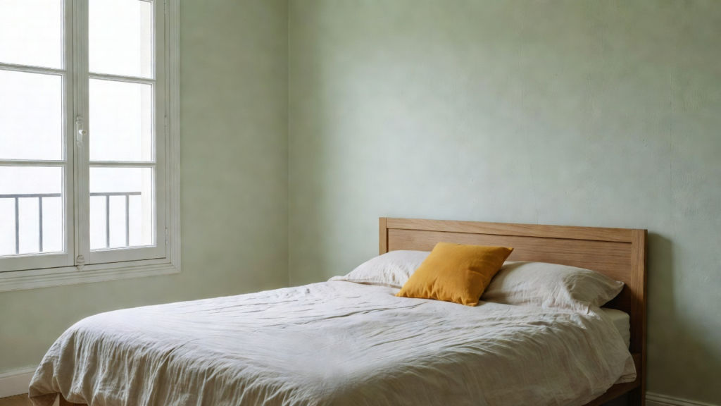 Chambre orientée nord aux murs vert d'eau et linge de lit en lin naturel