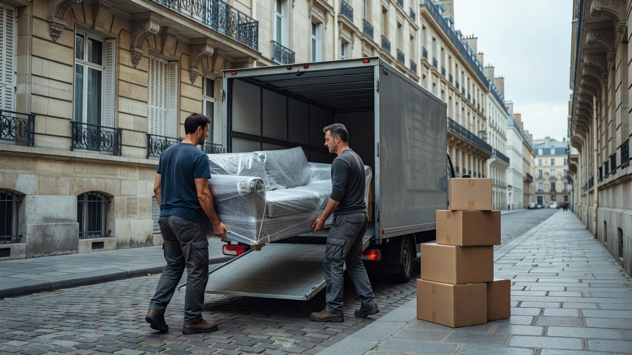 Camion de déménagement garé devant un immeuble avec cartons alignés sur le trottoir