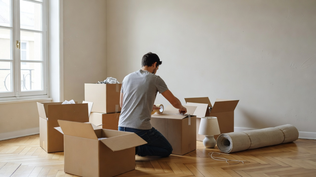 Cartons empilés dans un salon vide le jour d'un déménagement