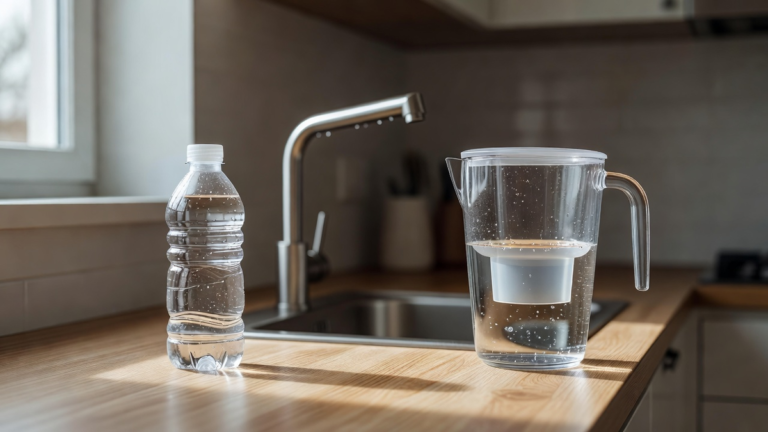 Bouteilles d'eau, verre au robinet et carafe filtrante sur un plan de cuisine