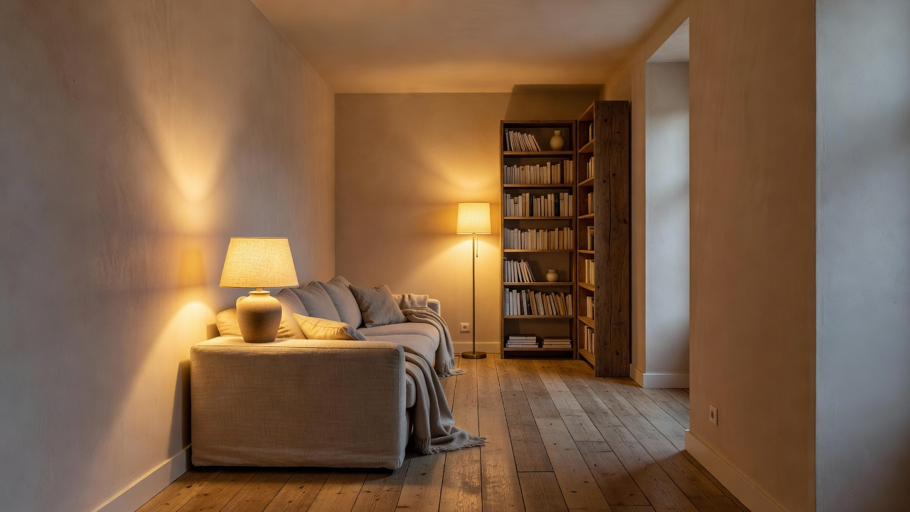 Salon profond éclairé par une lampe près du canapé et un lampadaire au fond, illustration d'un article sur l'éclairage d'une pièce en longueur