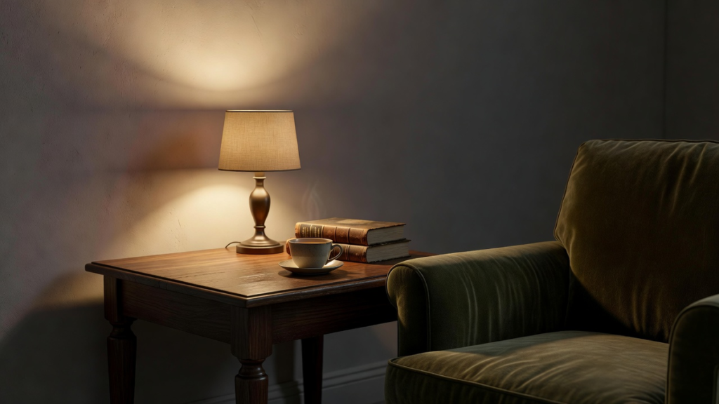 Lampe de table à lumière chaude posée sur une table d'appoint près d'un fauteuil dans un salon en soirée