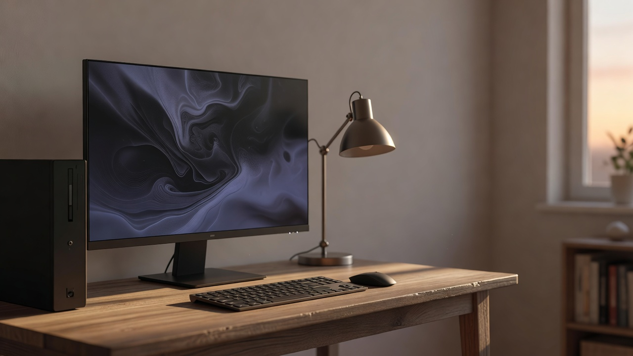 Ordinateur fixe allumé sur un bureau domestique avec écran en veille