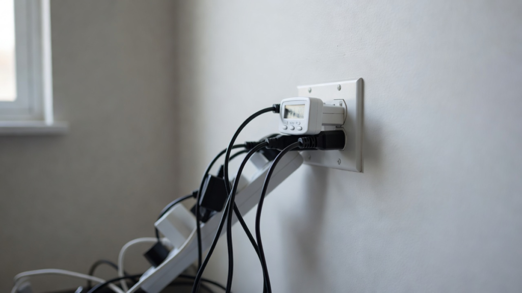 Wattmètre branché entre une prise murale et une multiprise dans un salon