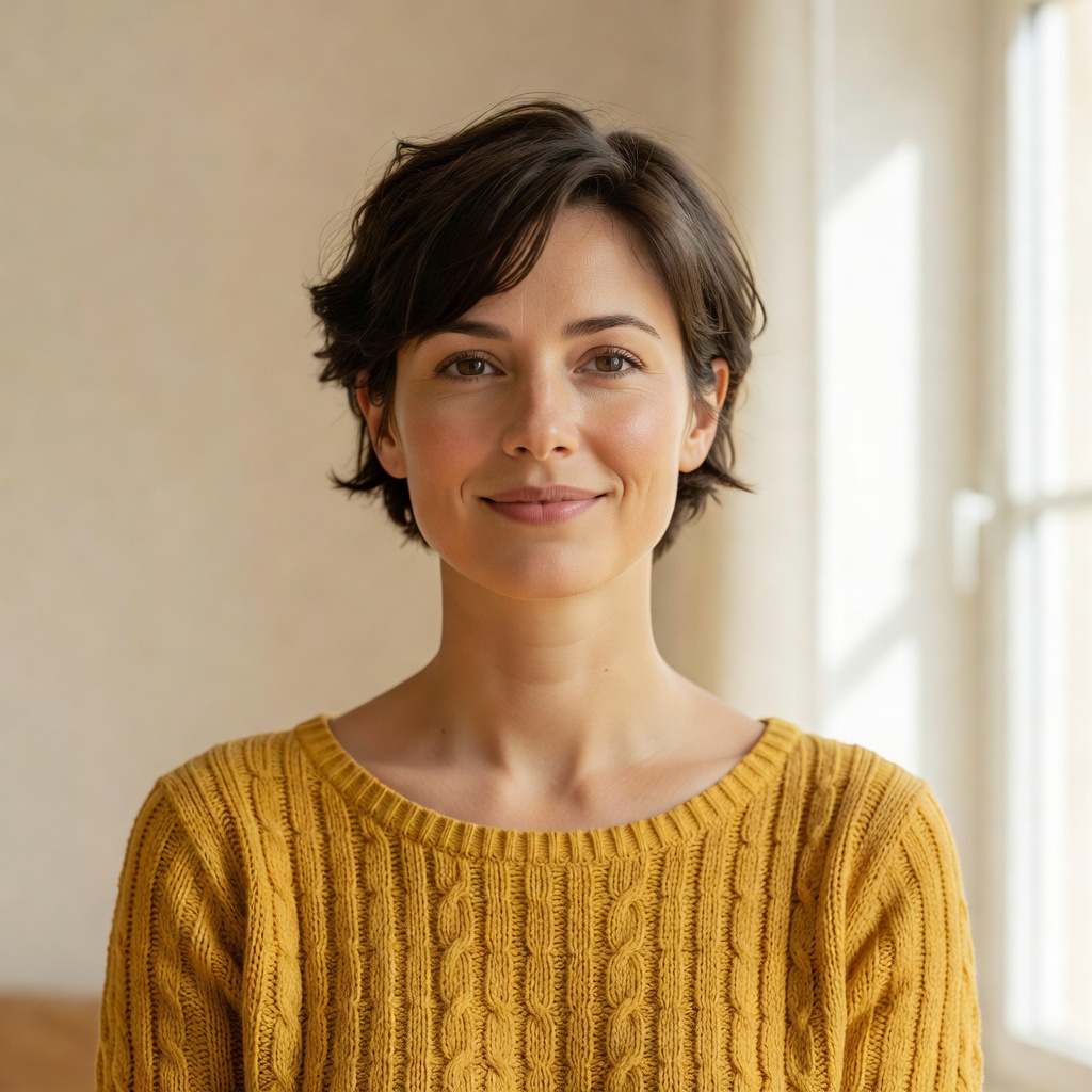 Portrait photo d’Élodie, pull moutarde, cheveux courts.