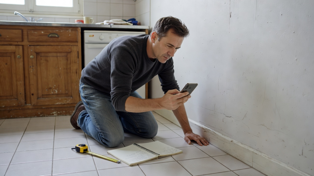 Checklist et photos prises dans une pièce vide avant la visite de sortie d’un logement