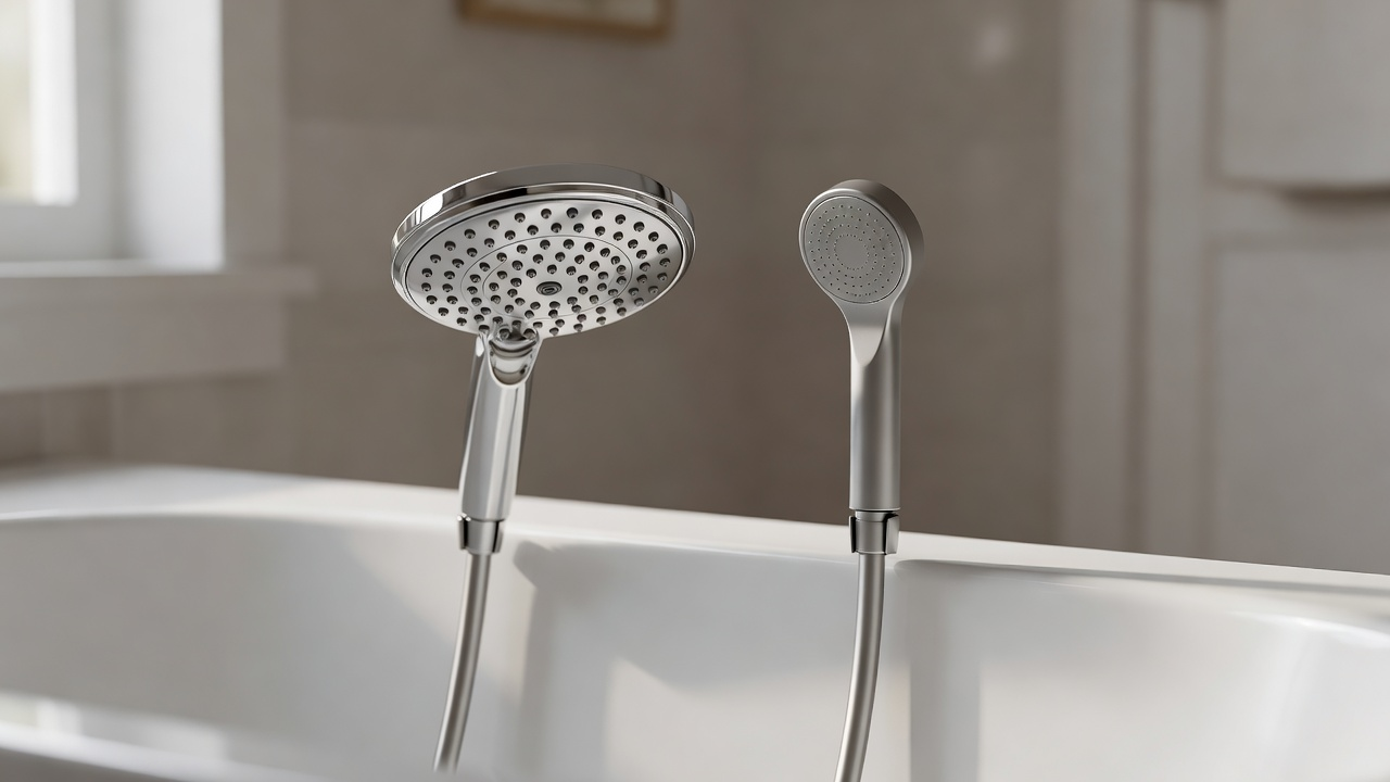Deux pommeaux de douche côte à côte : un modèle rayonnant classique et un modèle économe en eau