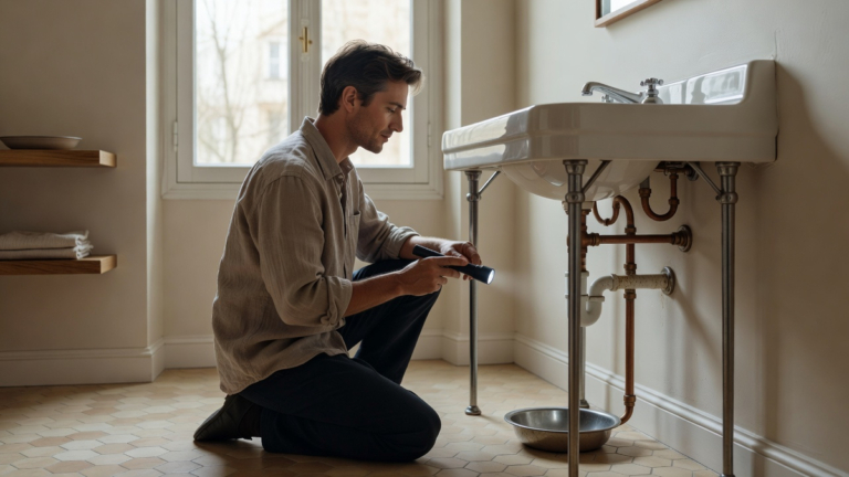 Personne qui examine la plomberie sous un lavabo avec une lampe torche et une bassine, illustration d'un article sur qui paie quoi après une fuite d'eau