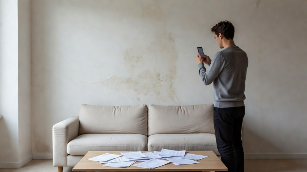 Personne photographiant une trace d'humidité sur un mur avec des factures posées sur une table, illustration de la démarche de déclaration après dégât des eaux