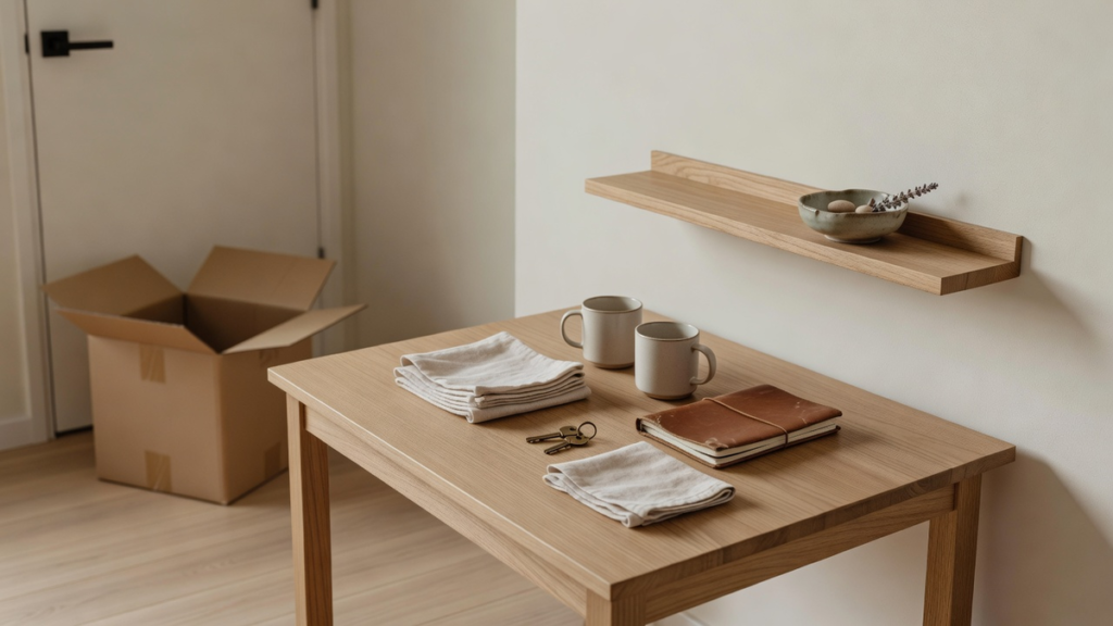 Scène d'un tri doux dans un petit appartement : objets du quotidien rangés, un souvenir exposé sur une étagère, une boîte de sortie près de la porte