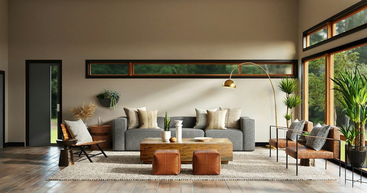 Salon contemporain lumineux avec canapé clair, bois et matières naturelles