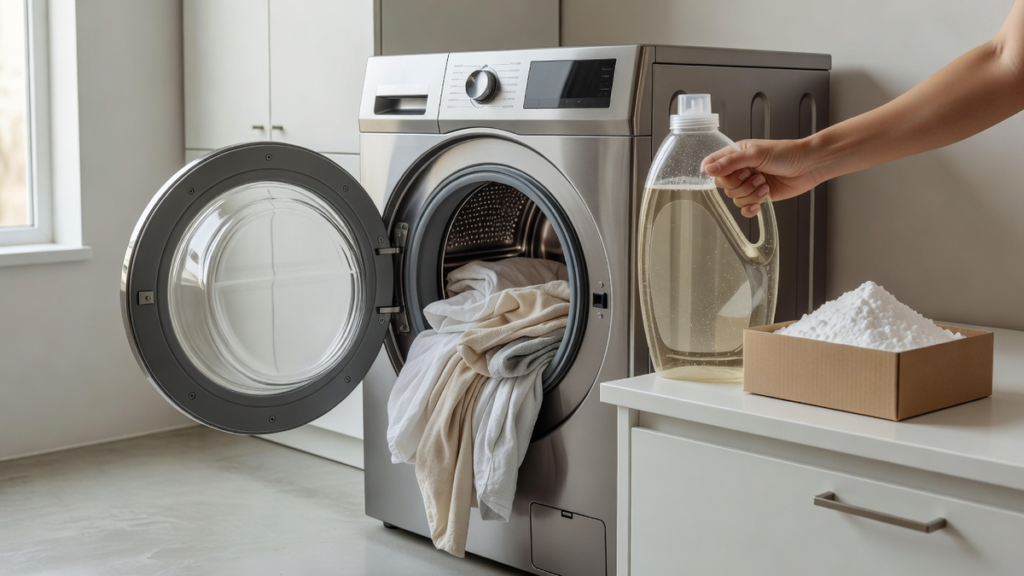 Bouchon doseur de lessive en poudre rempli au niveau de la dose minimale, linge propre plié en arrière-plan