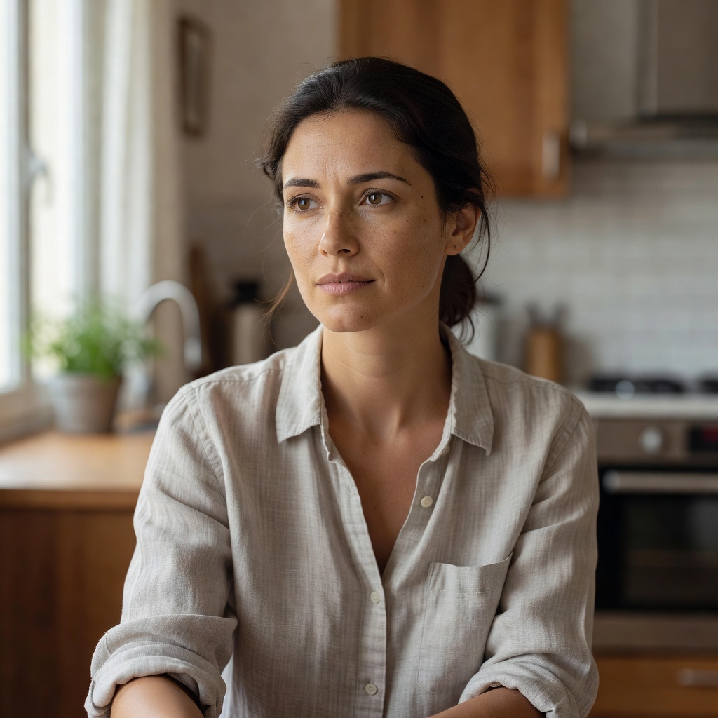 Portrait photo de Marion, chemise claire, lumière de cuisine.