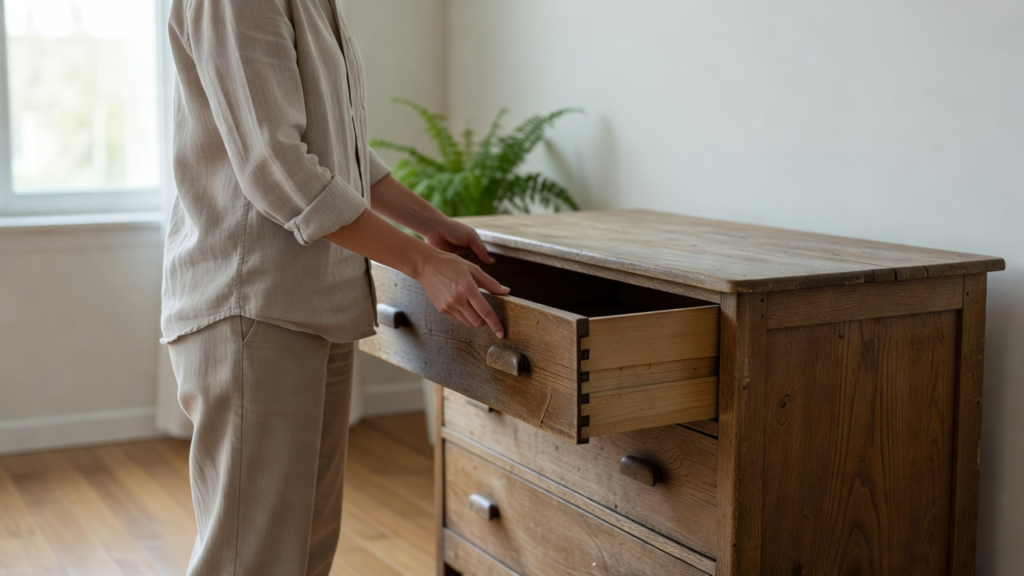 Vérification d'un tiroir en bois lors de l'inspection d'une commode d'occasion