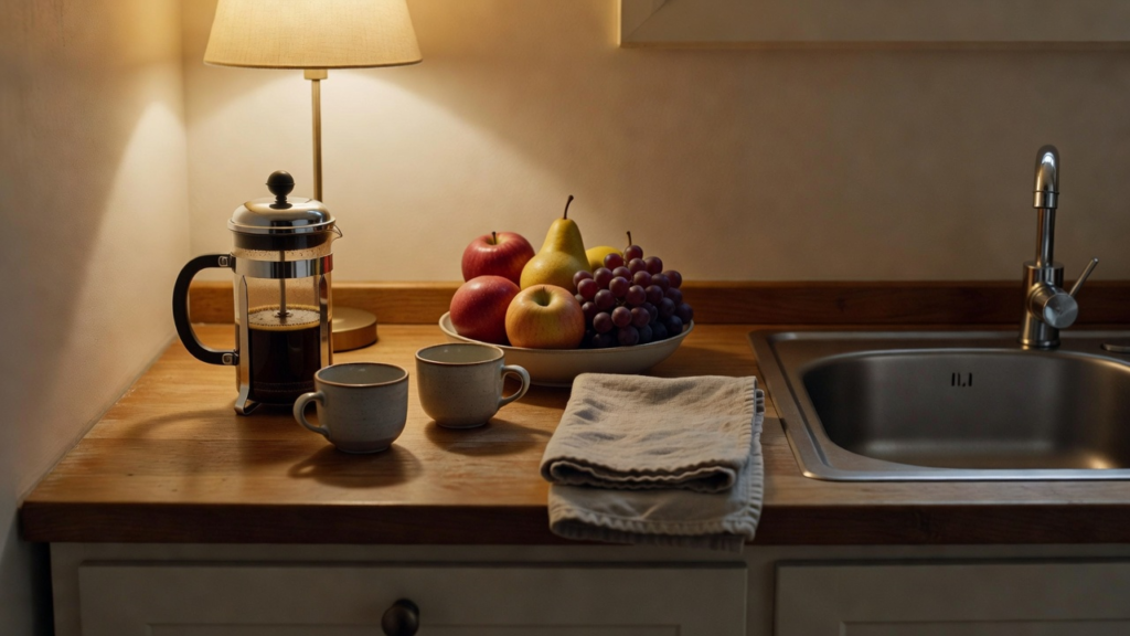 Plan de travail de cuisine dégagé le samedi soir : cafetière à piston, deux tasses, saladier de fruits, évier vide