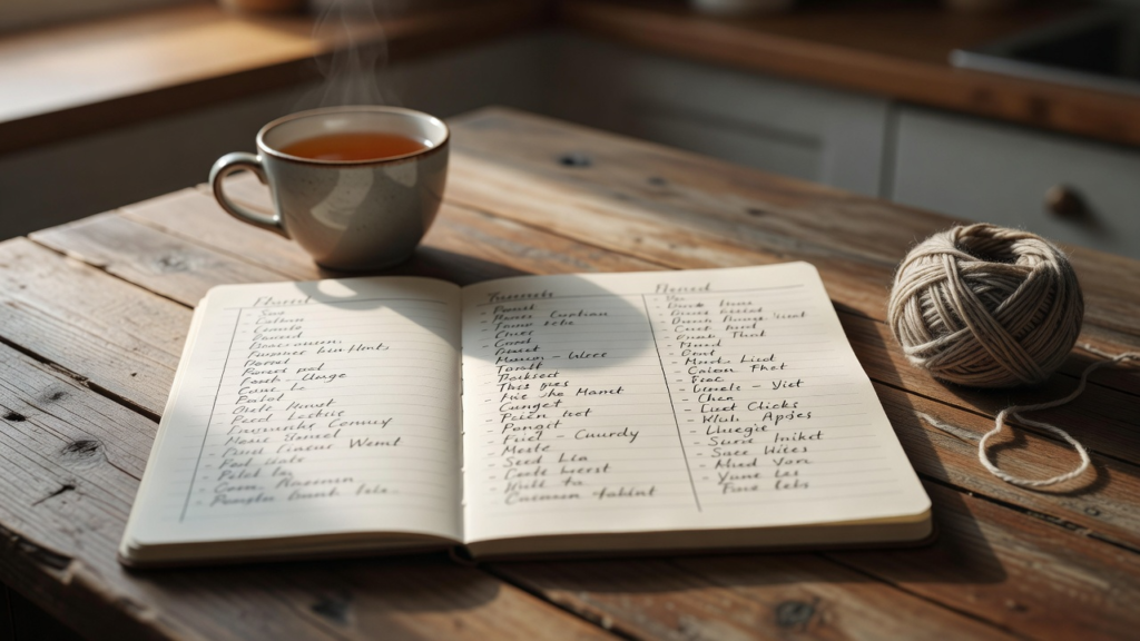 Table de cuisine avec une page de carnet divisée en trois colonnes pour trier les tâches du dimanche