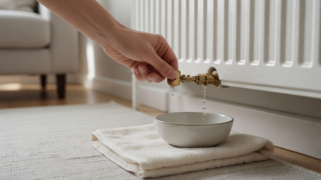 Purge d'un radiateur avec une clé de purge au-dessus d'un récipient