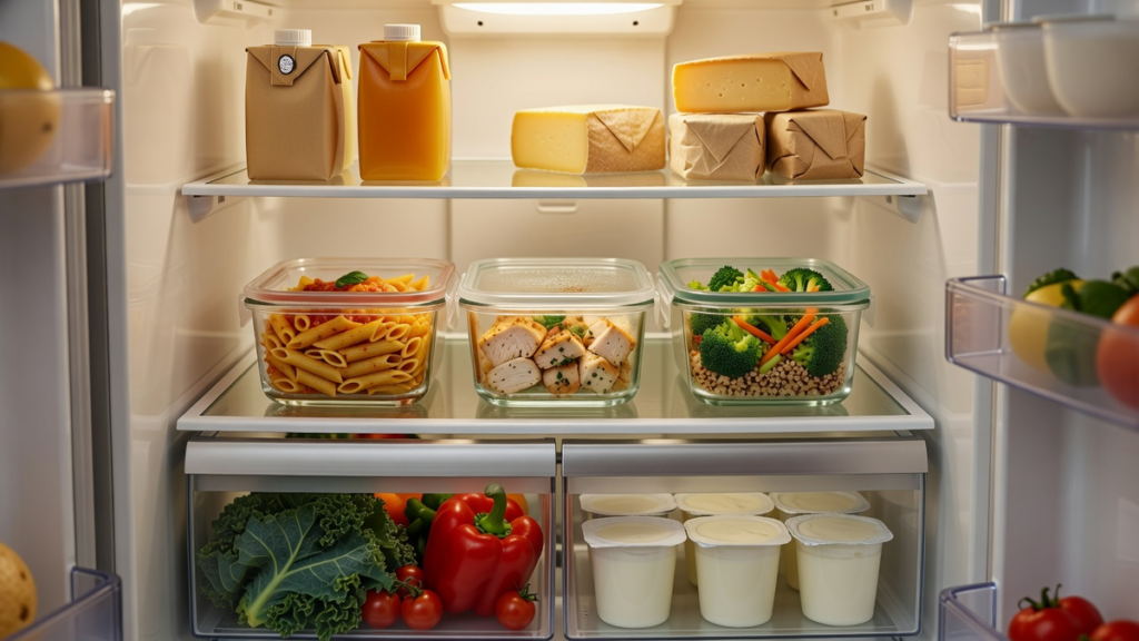 Frigo organisé avec les produits entamés placés devant et visibles au premier plan.