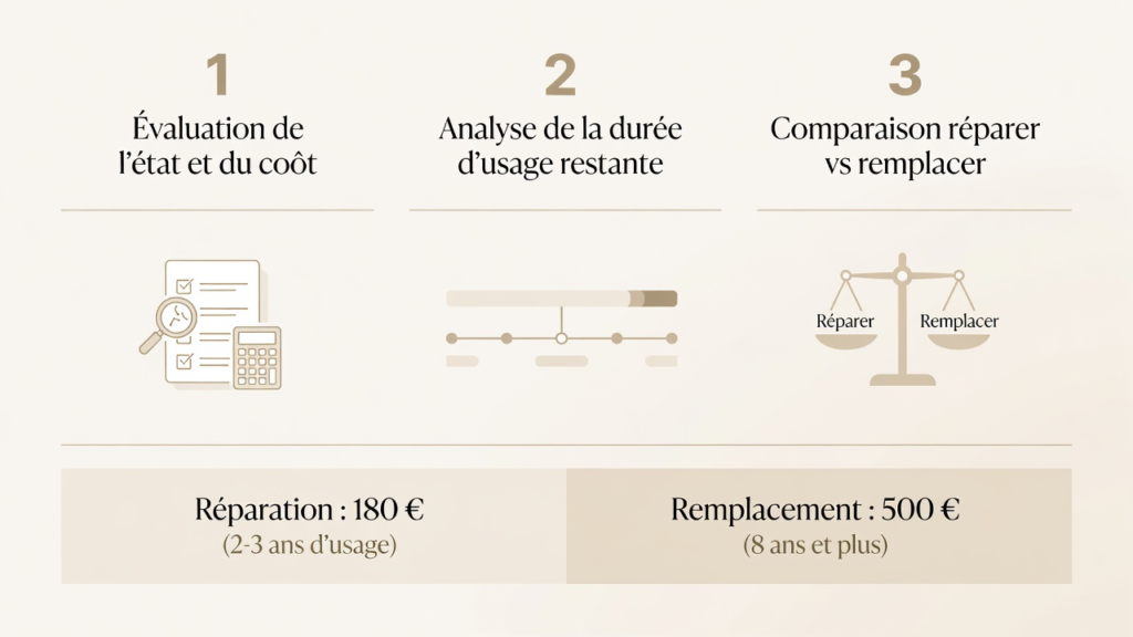 Infographie : les trois étapes du calcul réparer ou remplacer avec l'exemple chiffré 180 euros contre 500 euros