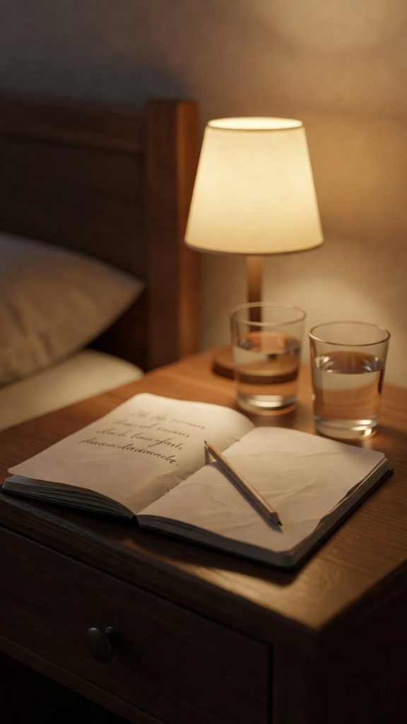 Table de nuit avec carnet ouvert, crayon et lampe chaude pour préparer le lendemain
