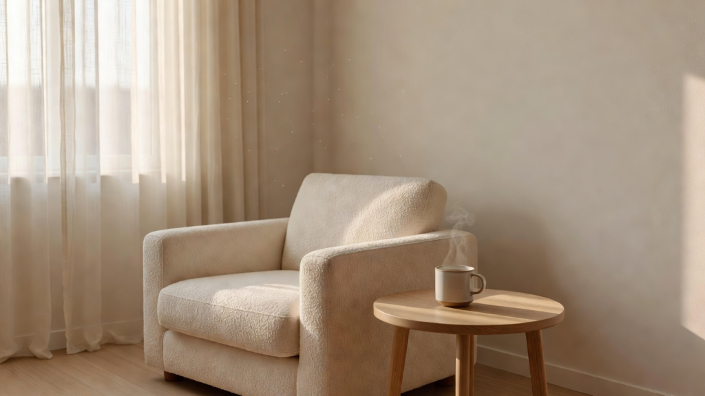 Salon baigné de lumière naturelle au petit matin, rideaux ouverts, fauteuil et boisson chaude sur une table basse