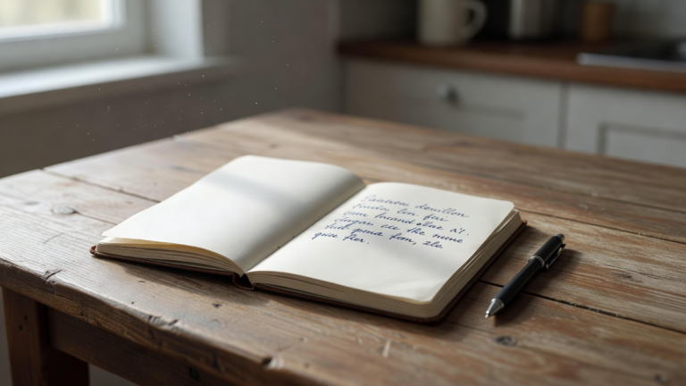 Cahier ouvert sur une table de cuisine pour suivre le budget du logement à la main