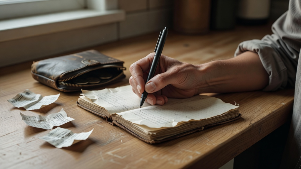 Main qui note une dépense dans un carnet posé sur un plan de travail