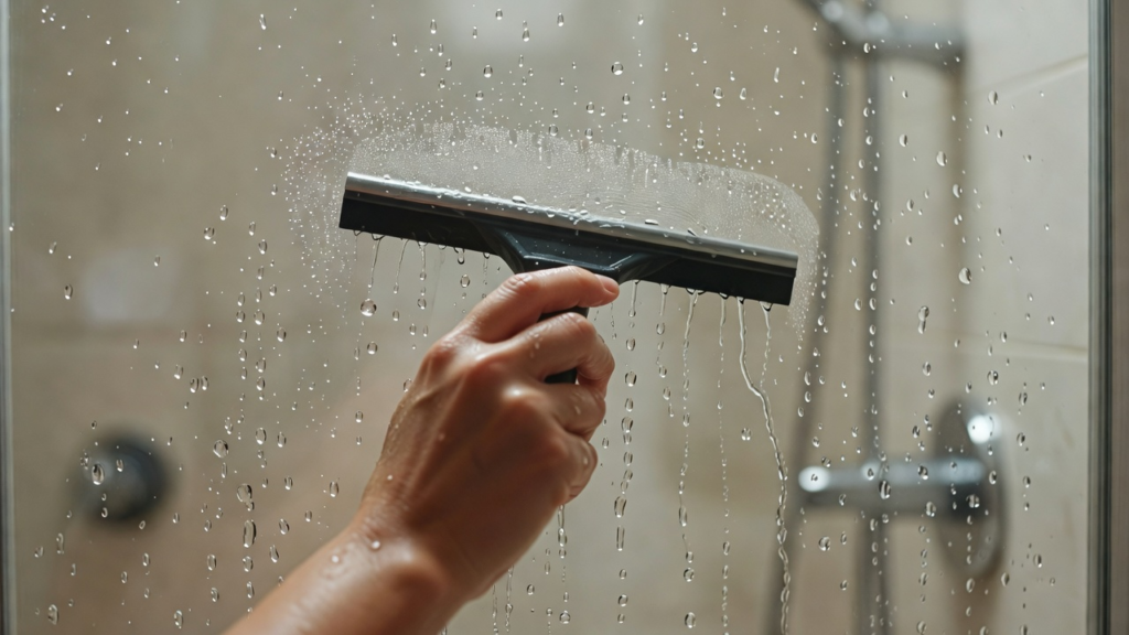 Passage de la raclette sur la paroi de douche pour enlever l'eau en trente secondes