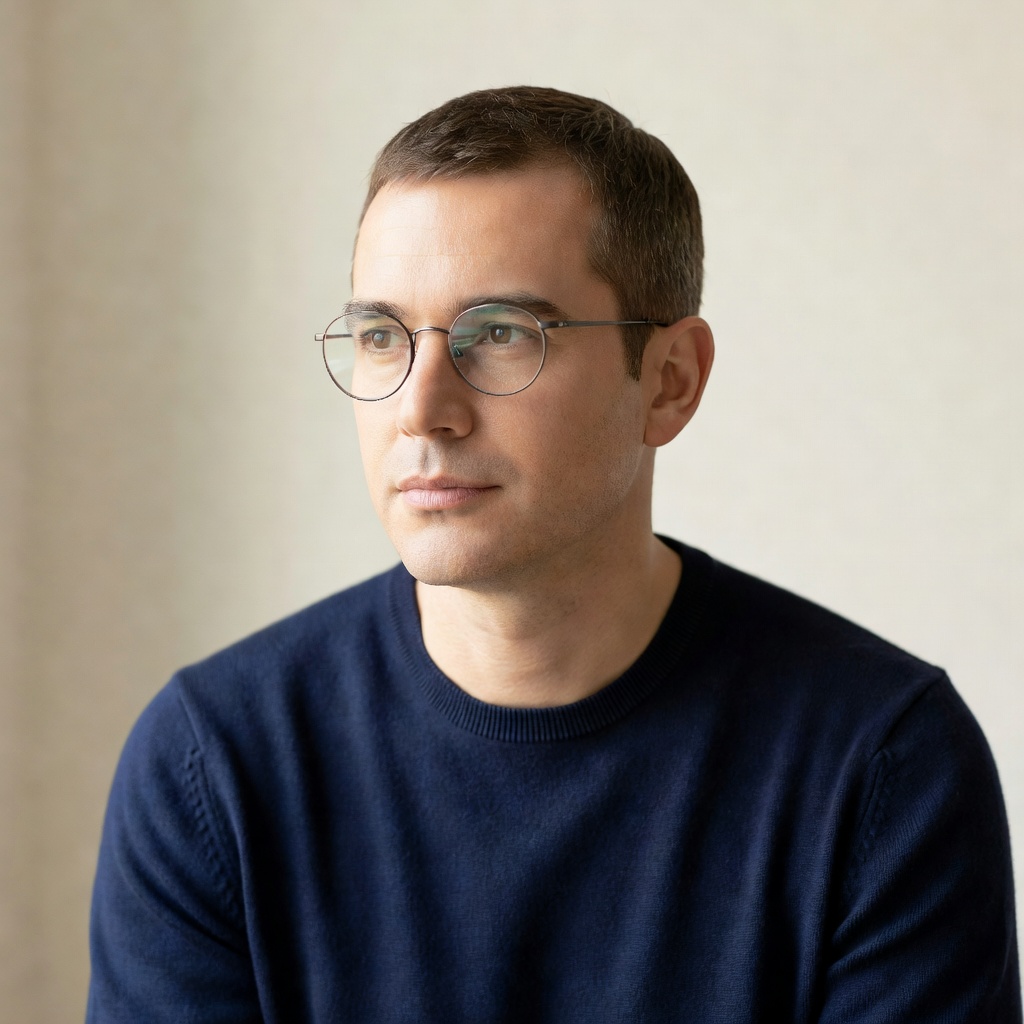 Portrait photo de Yann, lunettes, pull marine.