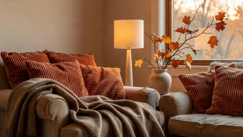 Textiles épais et lampe basse dans un salon, lumière chaude hors plafond