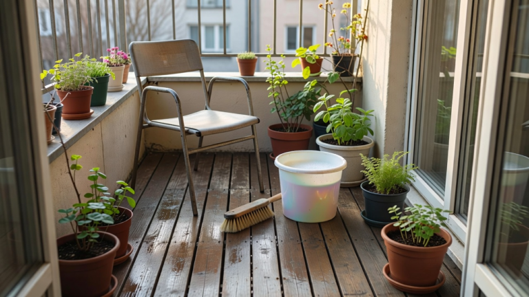 Balcon de ville nettoyé au printemps avec brosse, seau d'eau savonneuse et plantes en pots