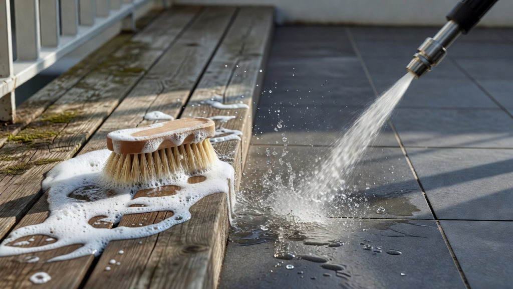Nettoyage du sol de balcon au printemps : brosse savonneuse sur bois et nettoyeur haute pression sur carrelage