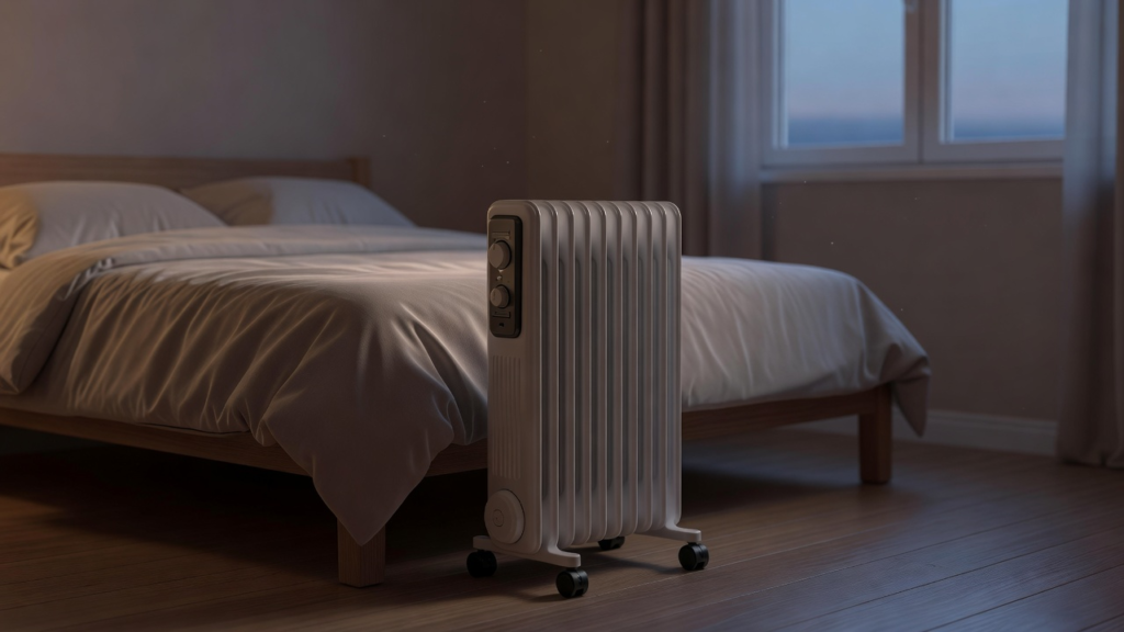Radiateur d'appoint mobile utilisé en soirée dans une pièce à vivre