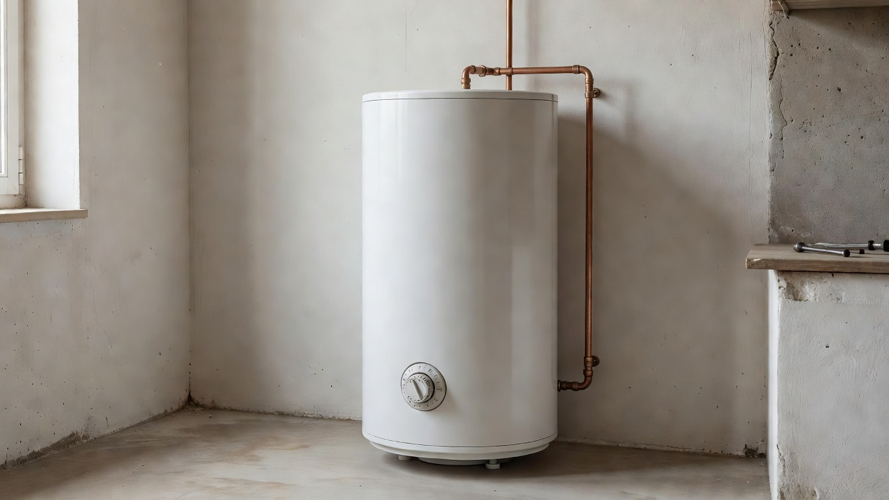 Ballon d'eau chaude électrique dans un local technique, thermostat visible
