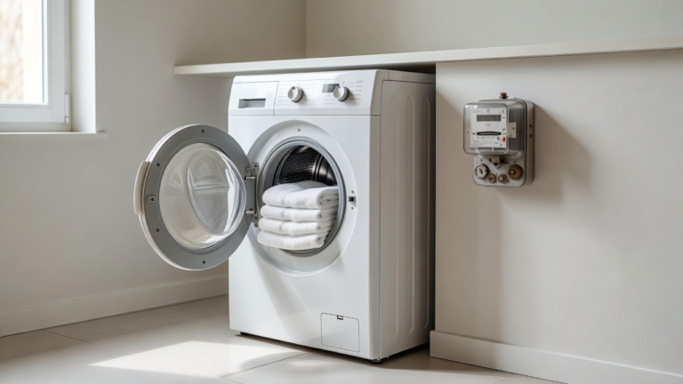 Lave-linge en cours de cycle dans une buanderie