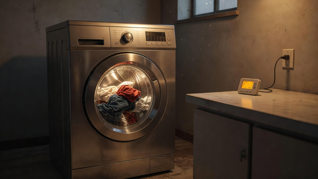 Tambour de lave-linge ouvert avec du linge prêt à laver