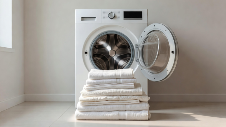 Une machine à laver à hublot dans une buanderie lumineuse, pile de linge plié devant