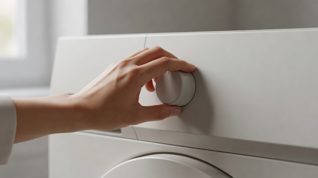 Main qui tourne le sélecteur de programme d'une machine à laver vers une température de lavage