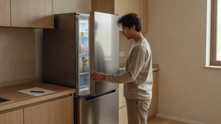Personne ouvrant la porte d'un réfrigérateur dans une cuisine lumineuse, illustration d'un article sur la consommation quotidienne d'un réfrigérateur