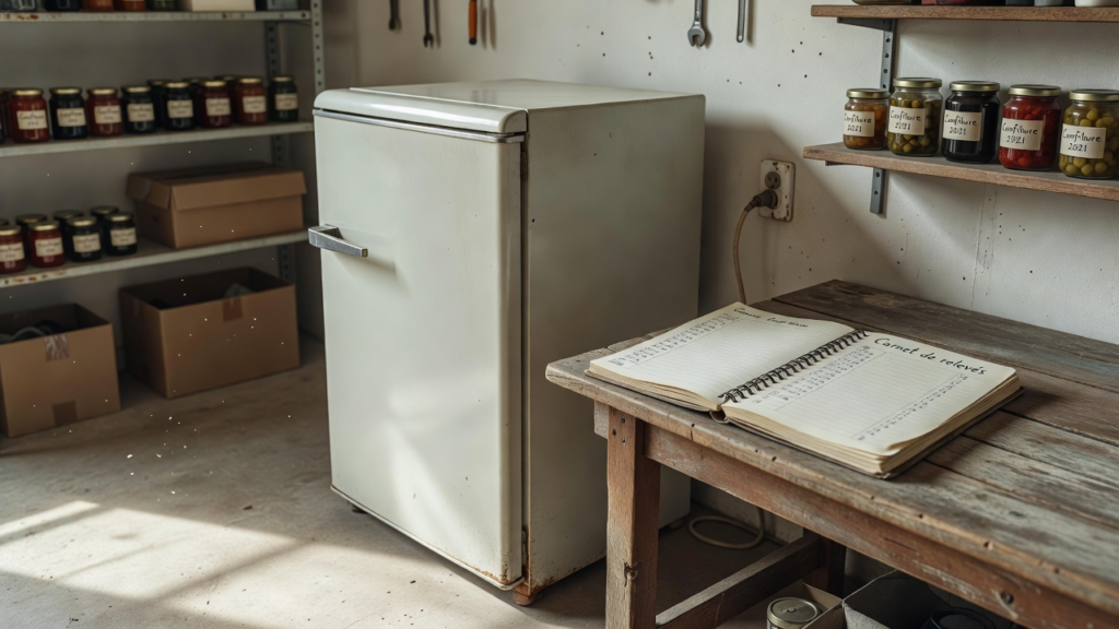 Vieux réfrigérateur d'appoint fermé et branché dans un garage, illustration du coût annuel d'un deuxième frigo peu utilisé