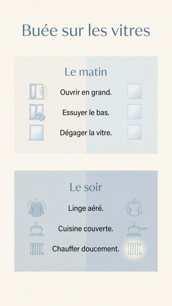 Repères du matin et du soir pour limiter la buée sur les vitres.