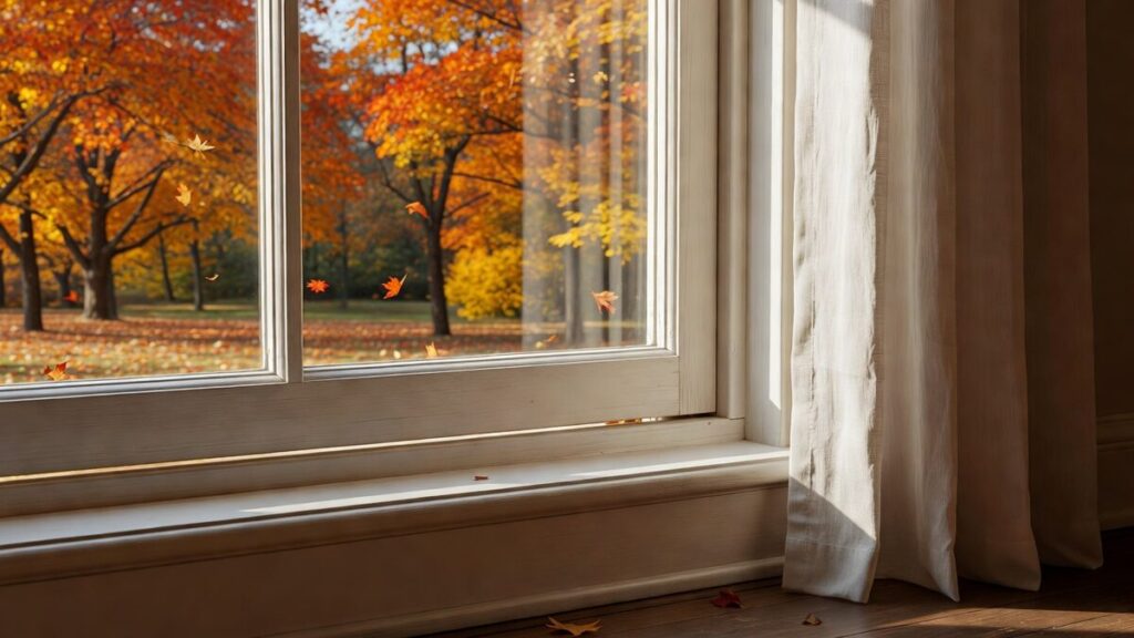 Fenêtre en automne, rideau clair, lumière sur le châssis